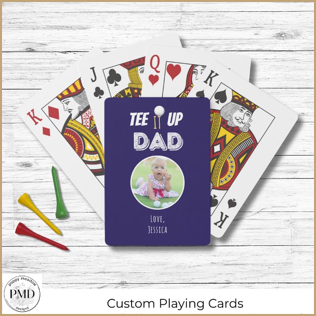 Baraja De Cartas Tee It Up Dad Personalizado Photo Fathers Day Navy (Custom Father's Day Photo Tee It Up Dad Navy Playing Cards. Add your Photo, Child's Name.)