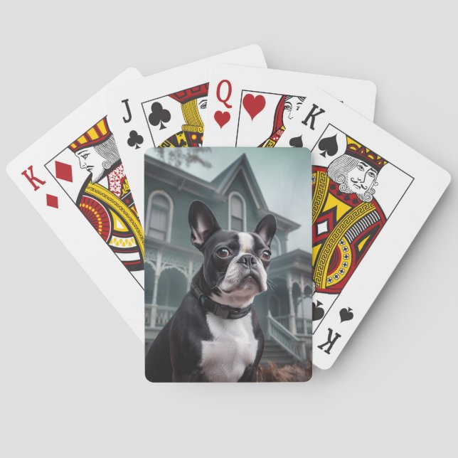 Baraja De Cartas Temeroso susto de Halloween en Boston Terrier (Reverso)