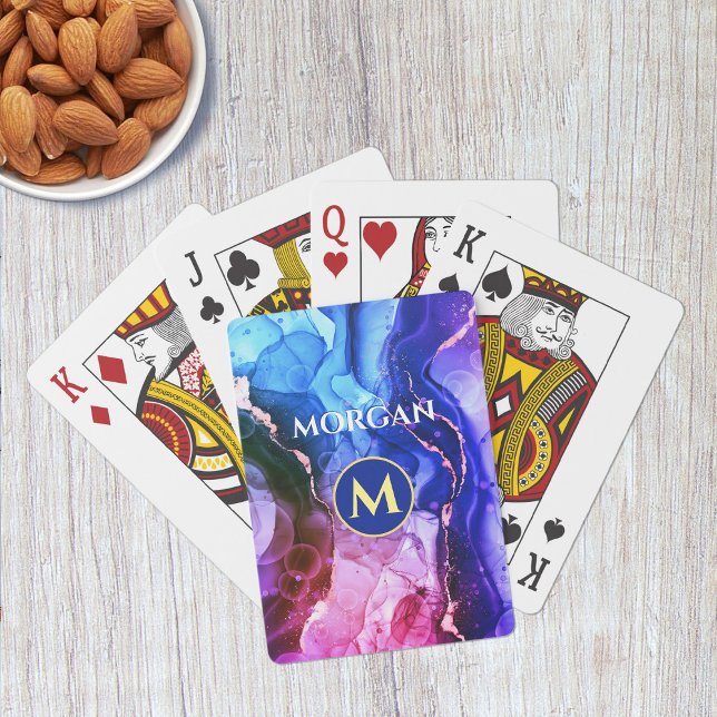 Baraja De Cartas Tinta líquida azul violeta roja, monograma y nombr (Subido por el creador)
