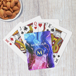 Baraja De Cartas Tinta líquida azul violeta rojo, monograma y nombr