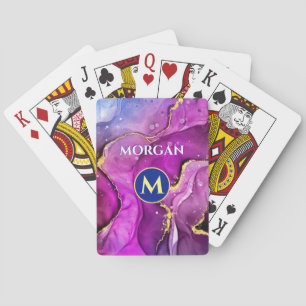 Baraja De Cartas Tinta líquida roja-violeta y dorada, monograma y n