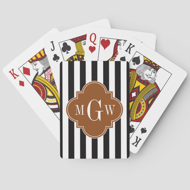 Baraja De Cartas Tiras blancas negras Quatrefoil 3 Monograma (Reverso)