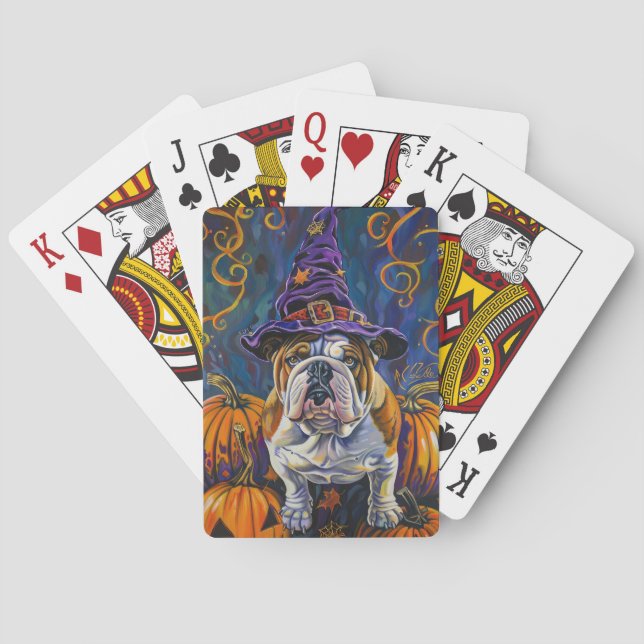 Baraja De Cartas Tocante Bulldog Halloween Bruja Y Calabaza