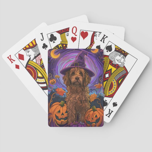 Baraja De Cartas Tocante Goldendoodle Perro Halloween Calabaza de B (Reverso)