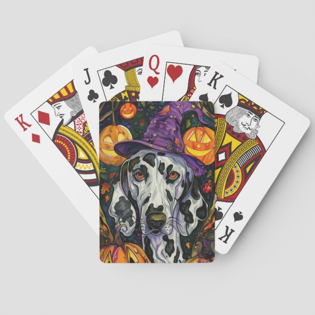 Baraja De Cartas Tocante Perro Dalmatiano Halloween Bruja Y Calabaz (Reverso)
