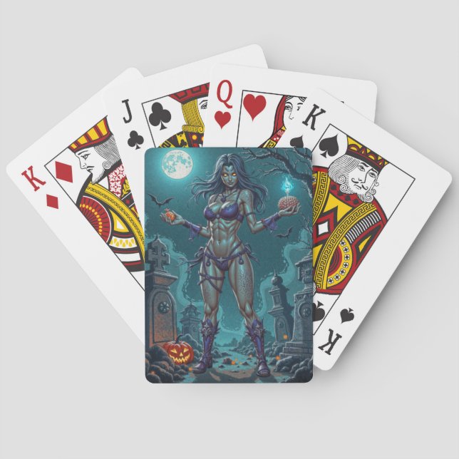 Baraja De Cartas Trato de Halloween o Novia Zombie con cerebros (Reverso)