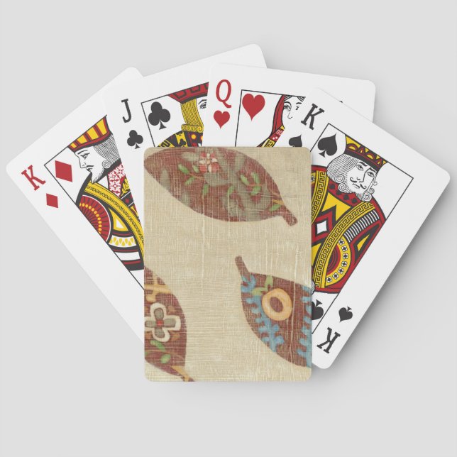 Baraja De Cartas Tres hojas en el fondo de lino de la textura (Reverso)