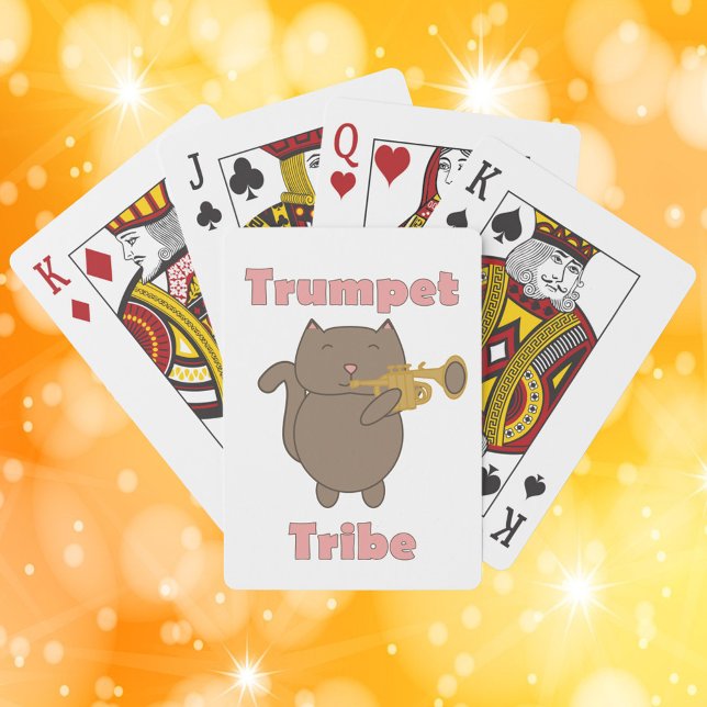 Baraja De Cartas Trumpet Tribe Brown Cat (A deck of playing cards featuring a brown cat playing the trumpet with the words trumpet tribe.)