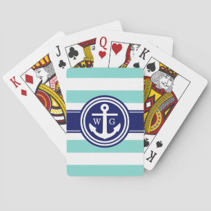 Baraja De Cartas Turquesa Acuático Azul Marino Preppy Raya Ancla Mo