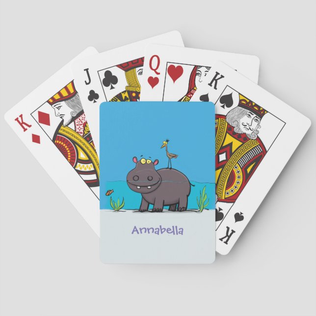 Baraja De Cartas Un gracioso hipopótamo con personalizado de pájaro (Reverso)