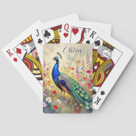 Baraja De Cartas Un pavo real verde y azul entre flores Personaliza