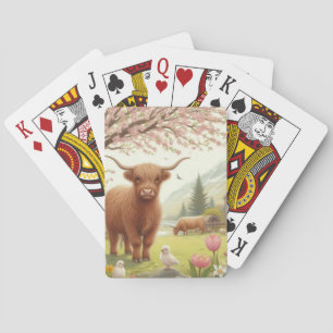 Baraja De Cartas Vaca de tierras altas, con flores y primavera
