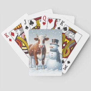 Baraja De Cartas Vaca y muñeco de nieve en el campo invernal