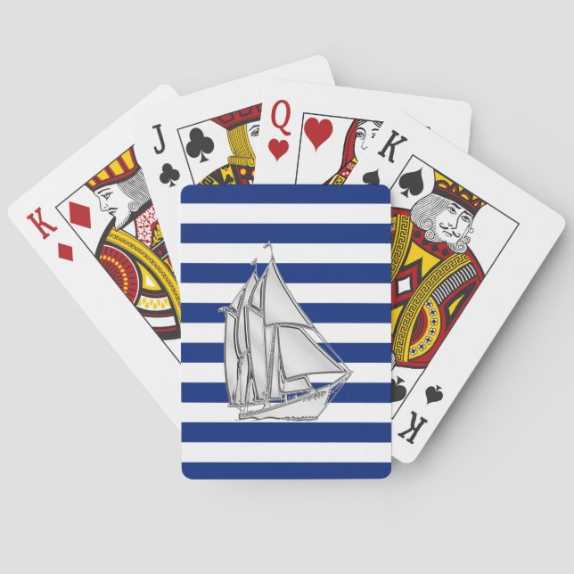 Baraja De Cartas Velero de plata en rayas azules náuticas (Reverso)
