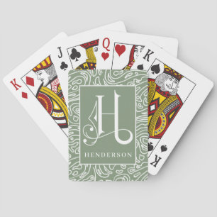 Baraja De Cartas Verde atenuado Patrón de línea orgánica Monograma