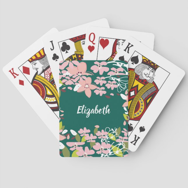 Baraja De Cartas Verde con flores rosas personalizadas (Reverso)