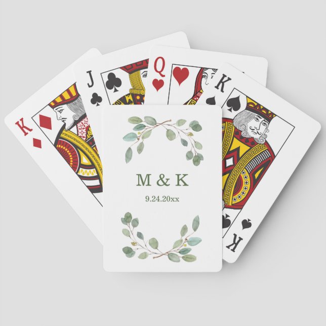 Baraja De Cartas Verde eucalipto simple | Monograma y fecha (Reverso)