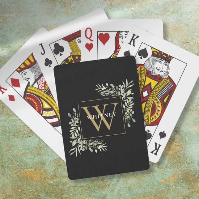 Baraja De Cartas Verde monograma de oro negro personalizado (Black Gold Monogram Greenery Personalized Poker Cards)