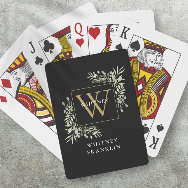 Baraja De Cartas Verdor monograma de oro negro personalizado (Personalized Black Gold Monogram Greenery Playing Cards)