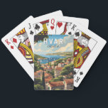 Baraja De Cartas Vintage de arte de viajes de Hvar Croatia<br><div class="desc">Diseño de viaje vectorial Hvar retro. Hvar,  una isla croata en el mar Adriático,  es más conocida como destino vacacional. Entre los lugares de interés de la ciudad portuaria de Hvar se incluyen sus murallas del siglo XIII.</div>