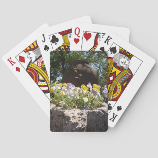 Baraja De Cartas Violetas en un abrevadero de piedra.