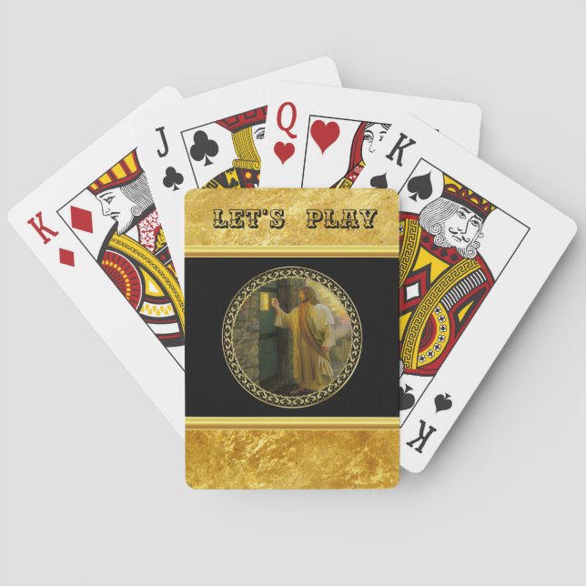 Baraja De Cartas Visita al amanecer Jesús tocando una puerta rústic (Reverso)