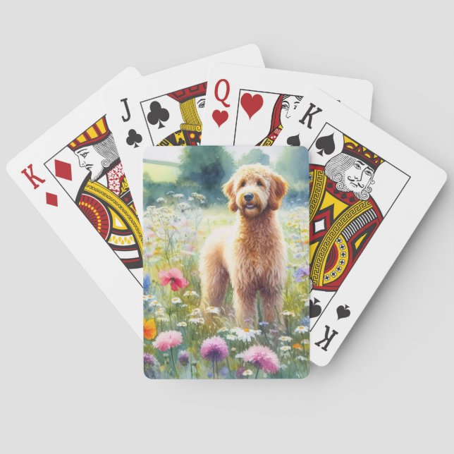 Baraja De Cartas Watercolor Goldendoodle Dog Wildflower Field (Reverso)