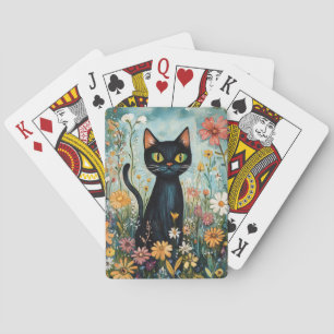 Baraja De Cartas Whimsical Black Cat con Ilustracion de flores silv