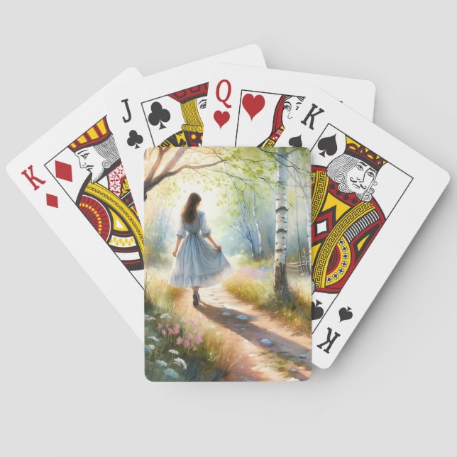 Baraja De Cartas Whimsical Girl Dancing Through Birch Forest (Reverso)