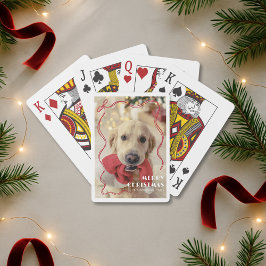 Baraja De Cartas Whimsical Red Ribbon Mascota Foto Feliz Navidad