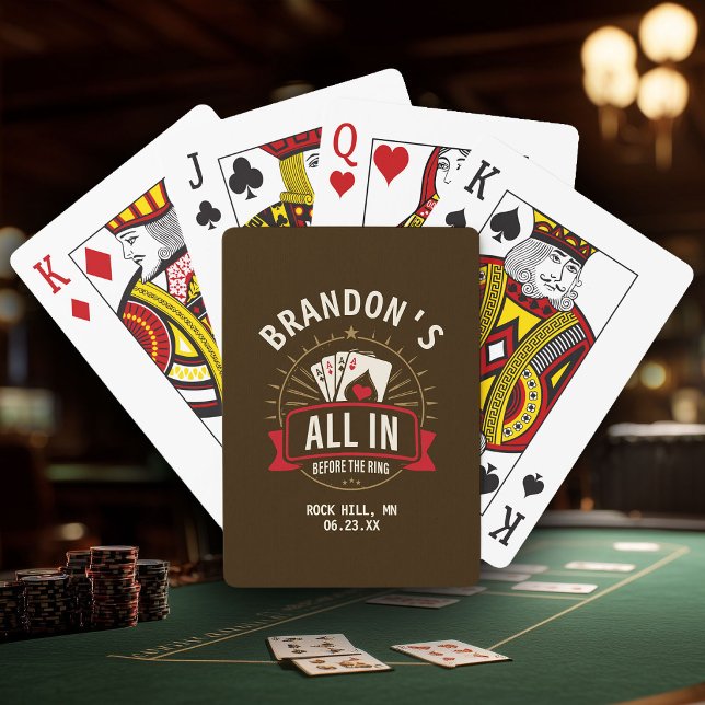 Baraja De Cartas Whiskey Brown Bachelor Party Custom Poker (bachelor party playing card box with  "All In Before the Ring" poker design, custom groom's name)