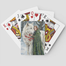 Baraja De Cartas White Wolf Redhead Druid Winter Berries Fantasy Ar