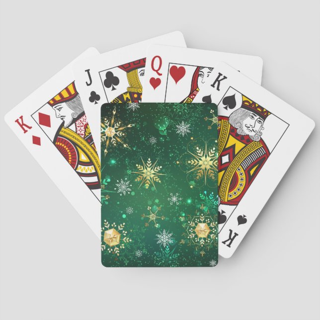 Baraja De Cartas Xmas copos de nieve dorados sobre fondo verde (Reverso)