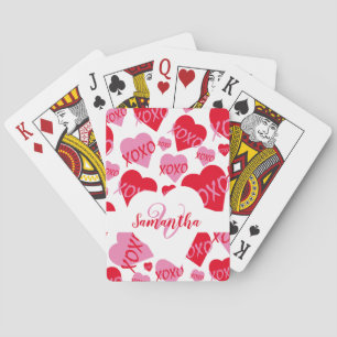 Baraja De Cartas XOXO Patrón de corazón rojo rosado Monograma Blanc