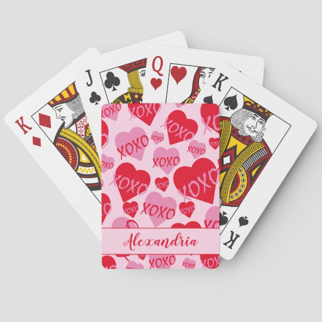 Baraja De Cartas XOXO Valentine Patrón de Corazón Rojo Rosa (Reverso)