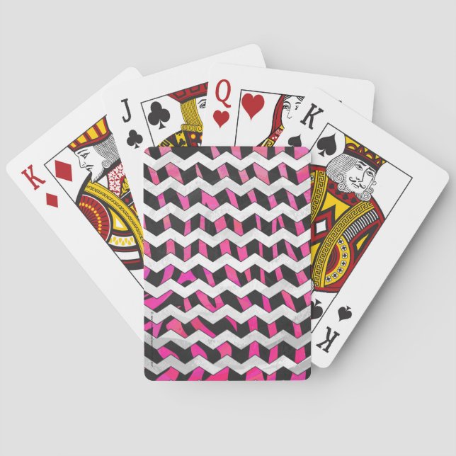 Baraja De Cartas Zebra Chevron negro y rosa caliente (Reverso)