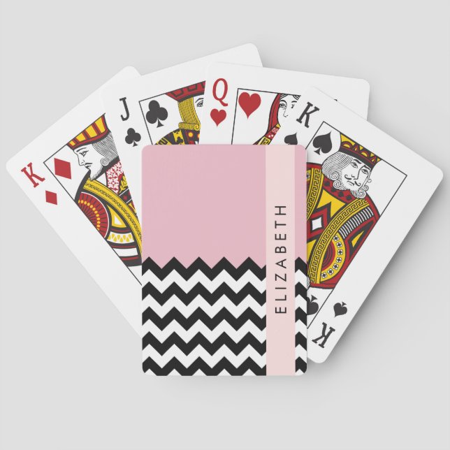 Baraja De Cartas Zigzag negro y blanco, chevron, rosado, tu nombre (Reverso)