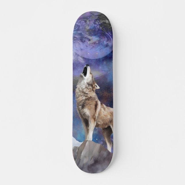 Baraja de monopatín del lobo gris aullando a la lu (Anverso )
