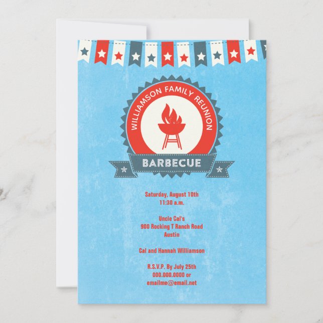 Barbacoa de Reunión Familiar Invitación Azul Blanc (Anverso)