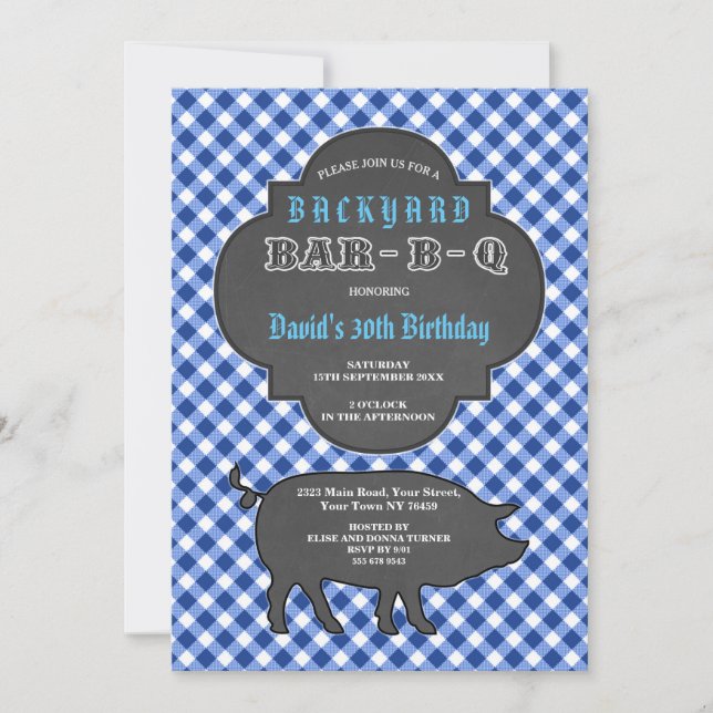 BARBEQUE Chalk Blue Gingham Invitación (Anverso)