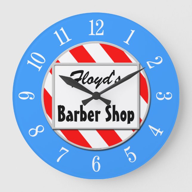 Barber Shop Retro Reloj de Personalizado azul rojo (Anverso)