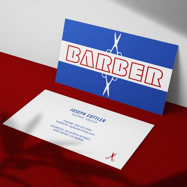 Barbería moderna tarjeta de visita blanca azul roj (Subido por el creador)