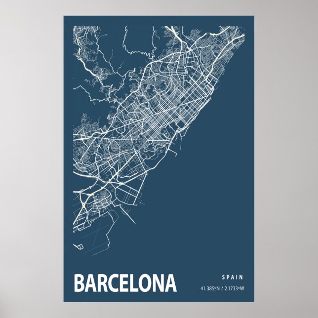 Barcelona España Mapa Línea Arte Azul (Frente)
