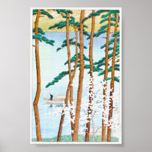 Barco a través de árboles, arte japonés de madera 