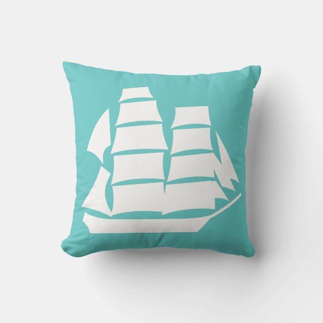 barco de vela Blanco sobre la almohada azul verde  (Anverso)