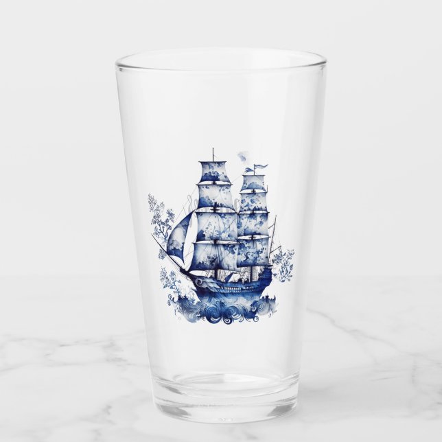 Barco de vela de estilo Delft azul y blanco en el  (Anverso)