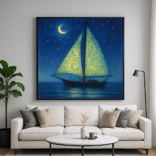 Barco de vela iluminado por luna - Arte nocturno e
