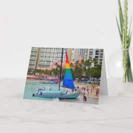 Barco de vela, playa Waikiki, tarjeta Oahu