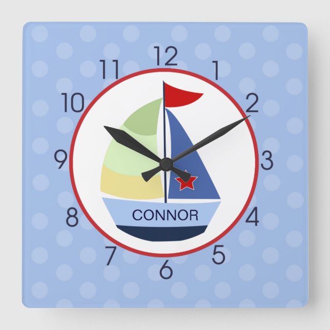 Barco de vela rojo, naval, reloj de pared azul cla (Anverso)