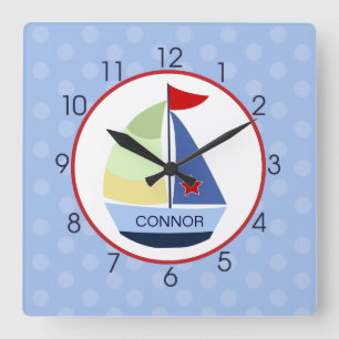 Barco de vela rojo, naval, reloj de pared azul cla